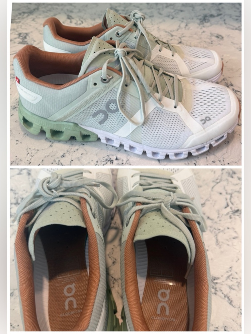 On Running Womens Sneakers in Light Green, White and Tan
